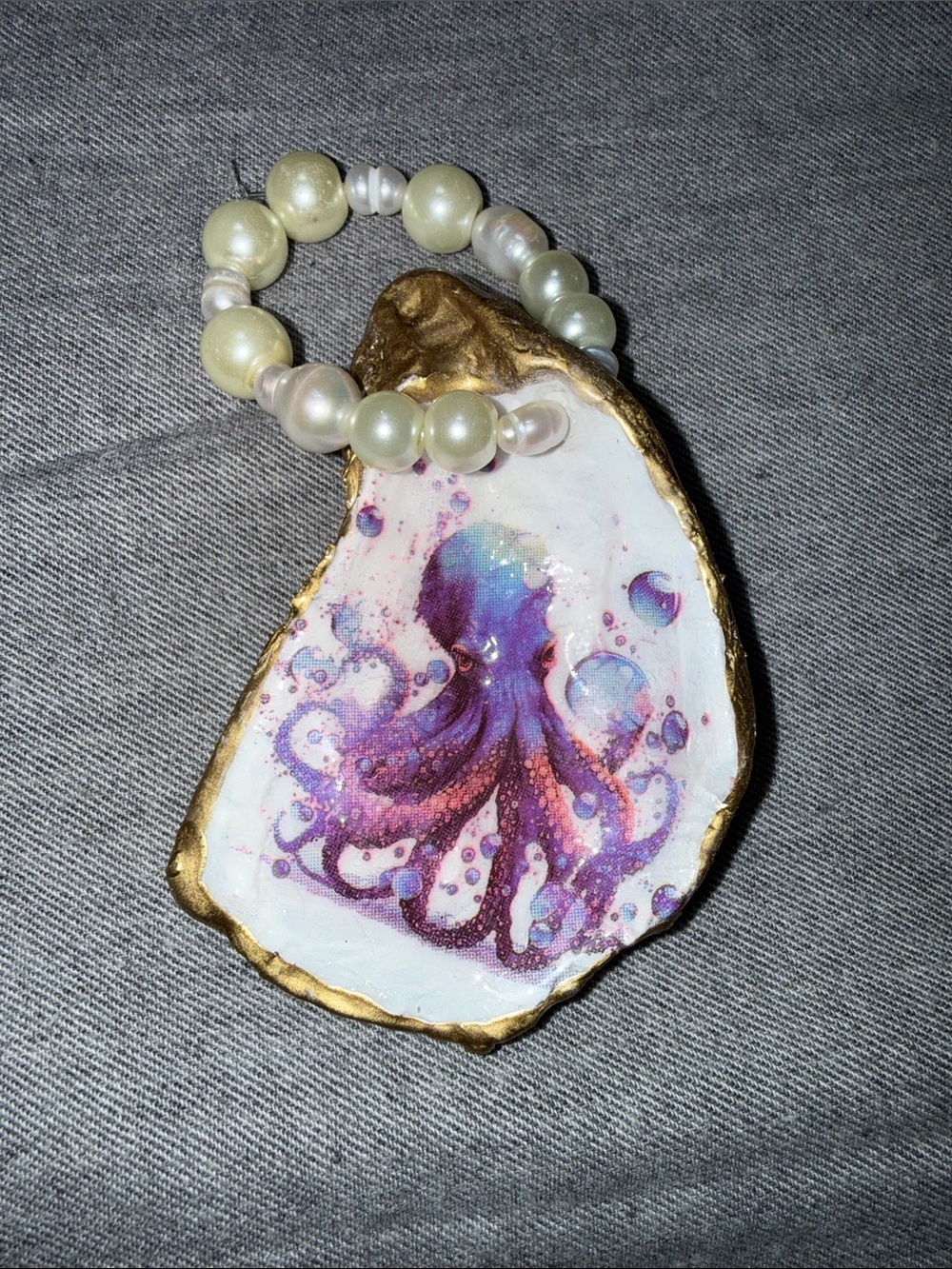 Hand-Made Octopus Shell Ornament with Pearl Beaded Loop - Purple